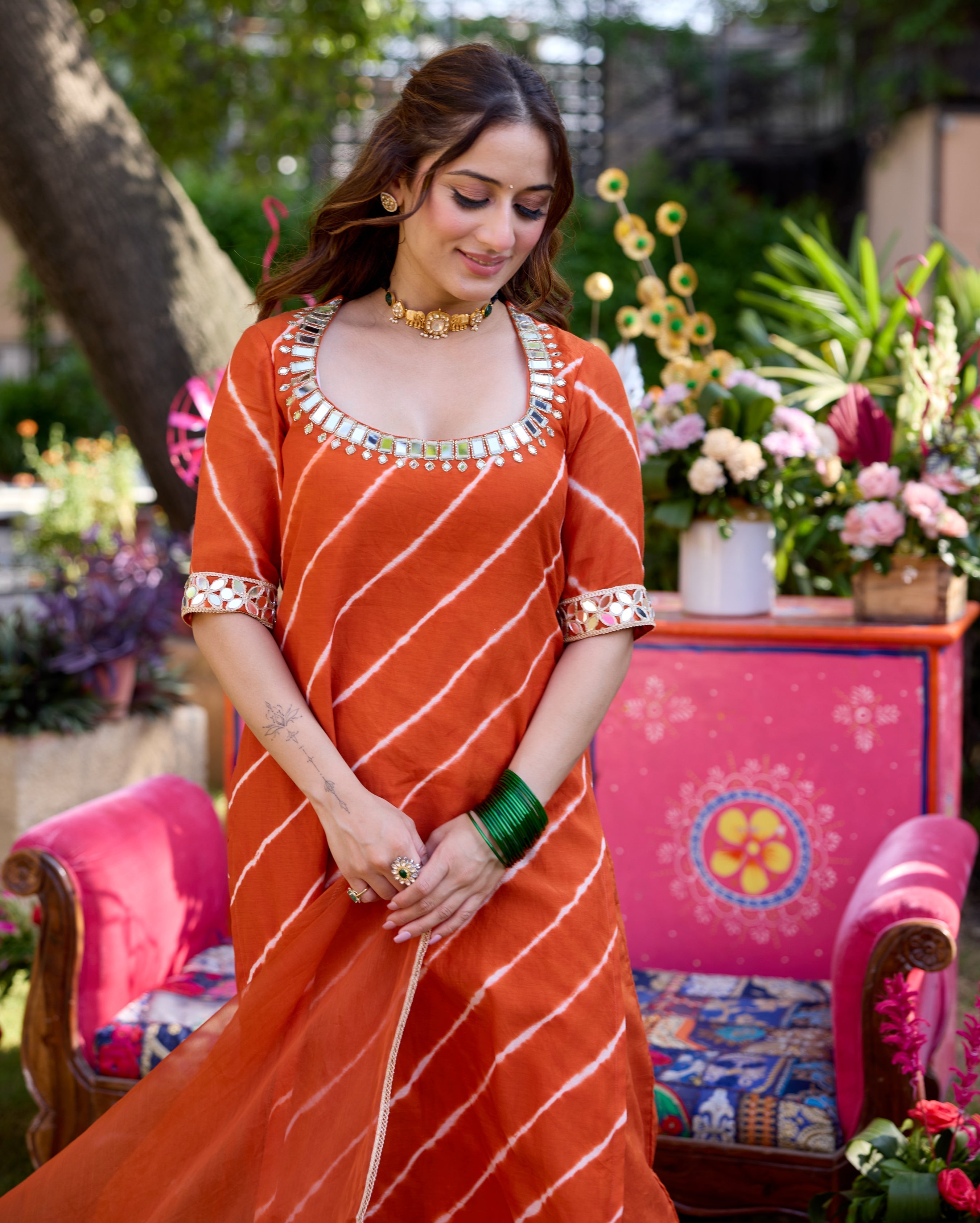 Raksha Orange Leheriya Cotton Suit Set
