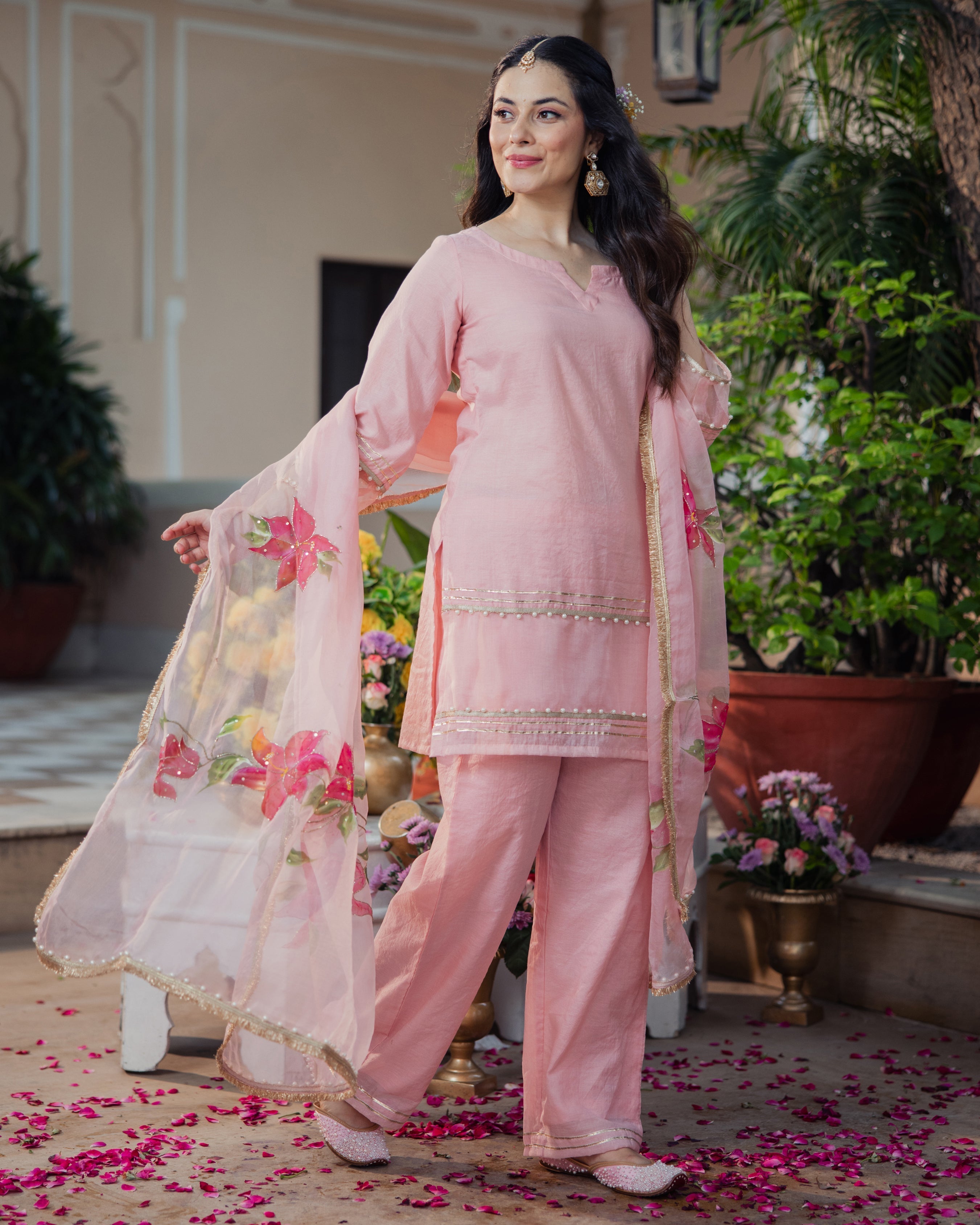 Kaner Pink Handpainted Chanderi Suit Set