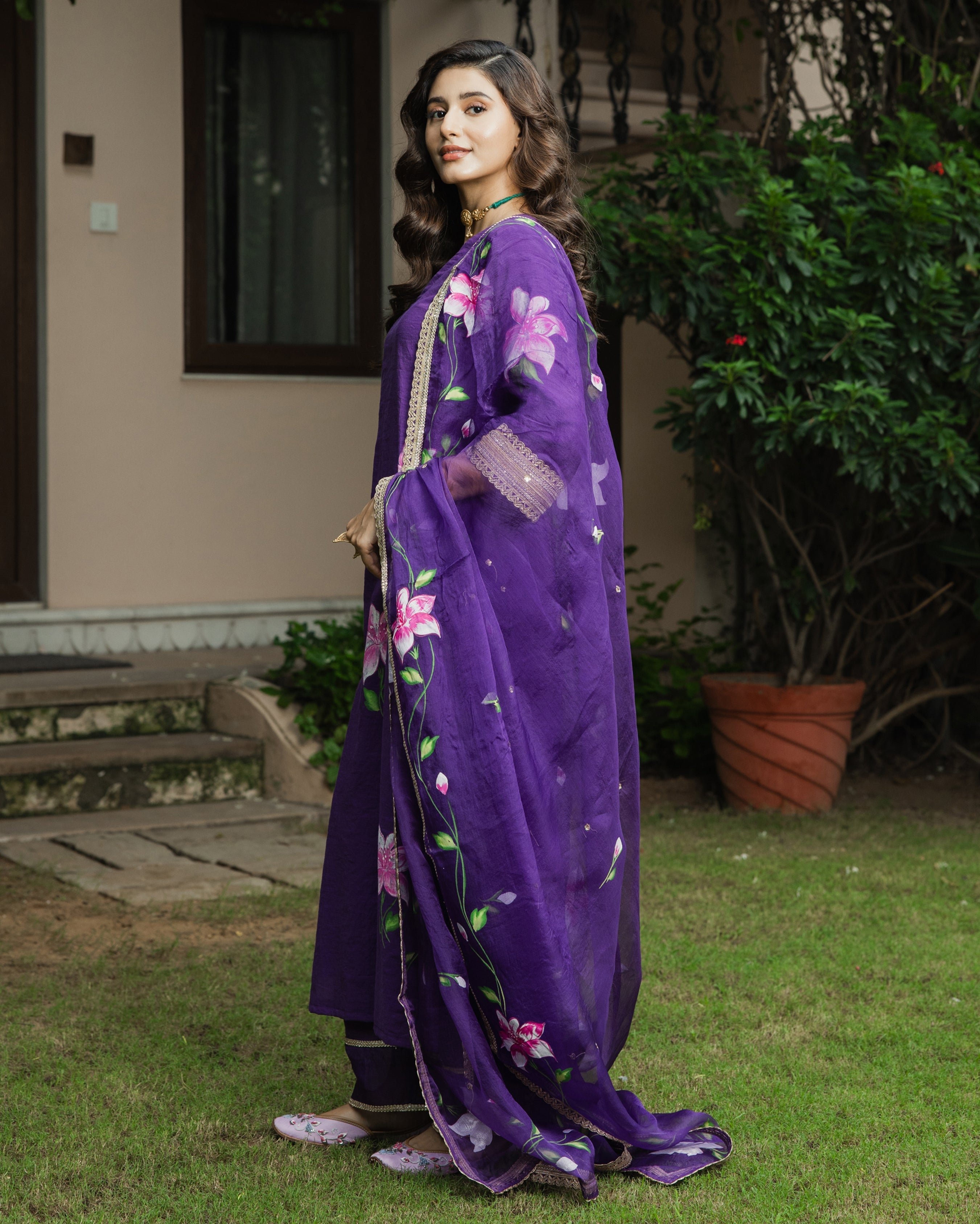 Kanchan Purple Handpainted Chanderi Suit Set