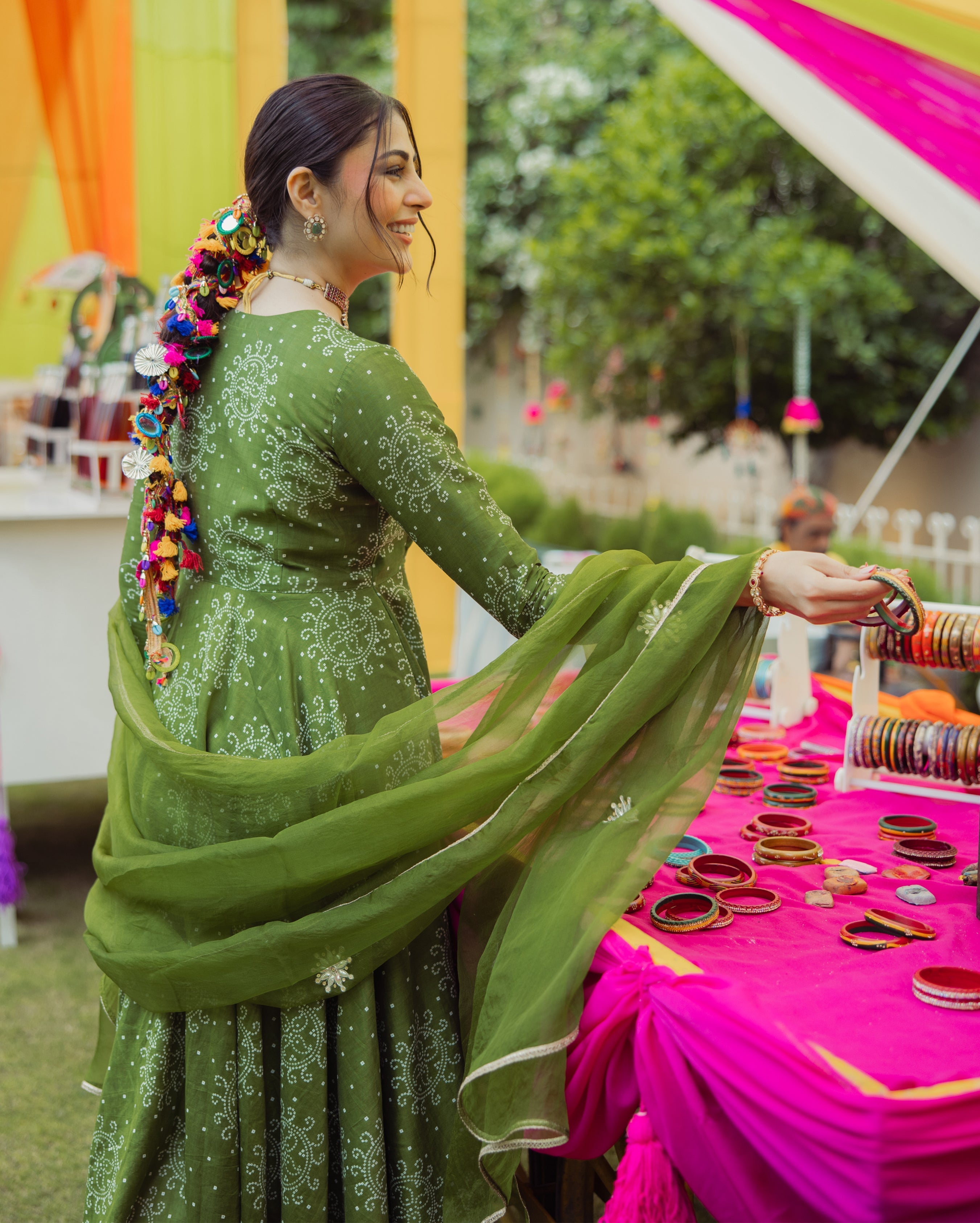 Katha Green Bandhani Chanderi Suit Set