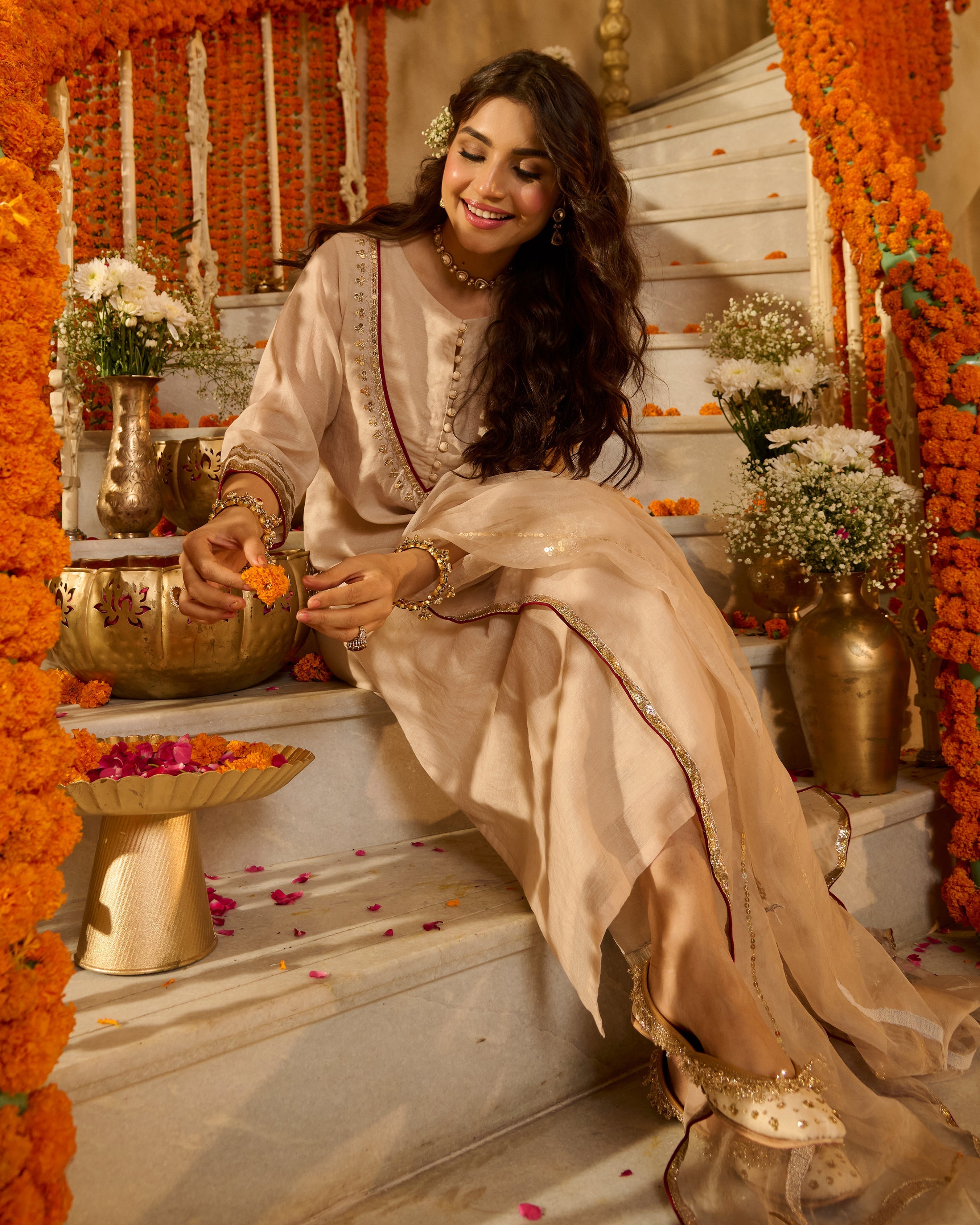 Aarush Beige Solid Chanderi Suit Set