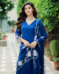 Molshree Blue Handpainted Chanderi Suit Set