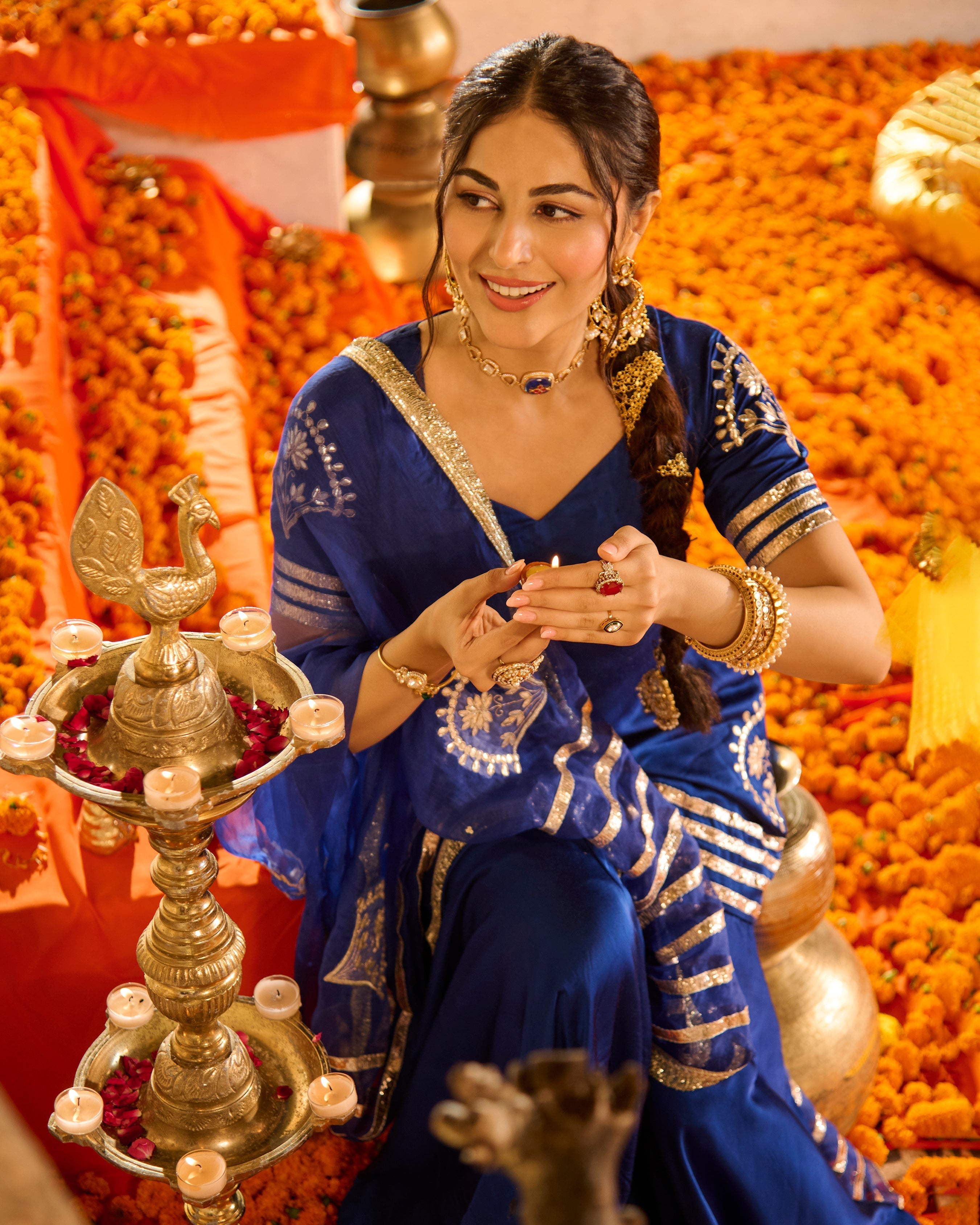 Keerti Blue Solid Satin Sharara Set