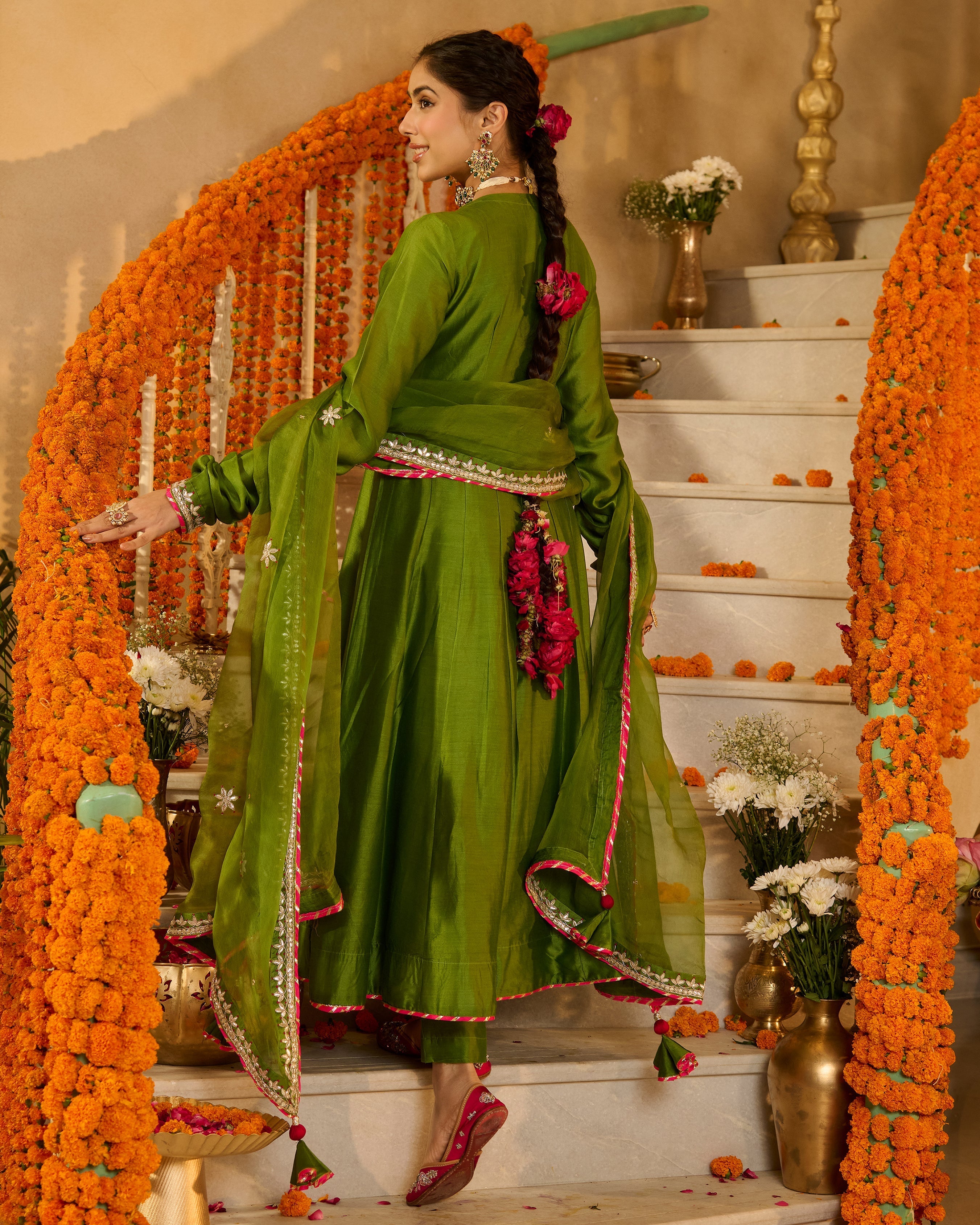 Anandi Green Solid Chanderi Suit Set