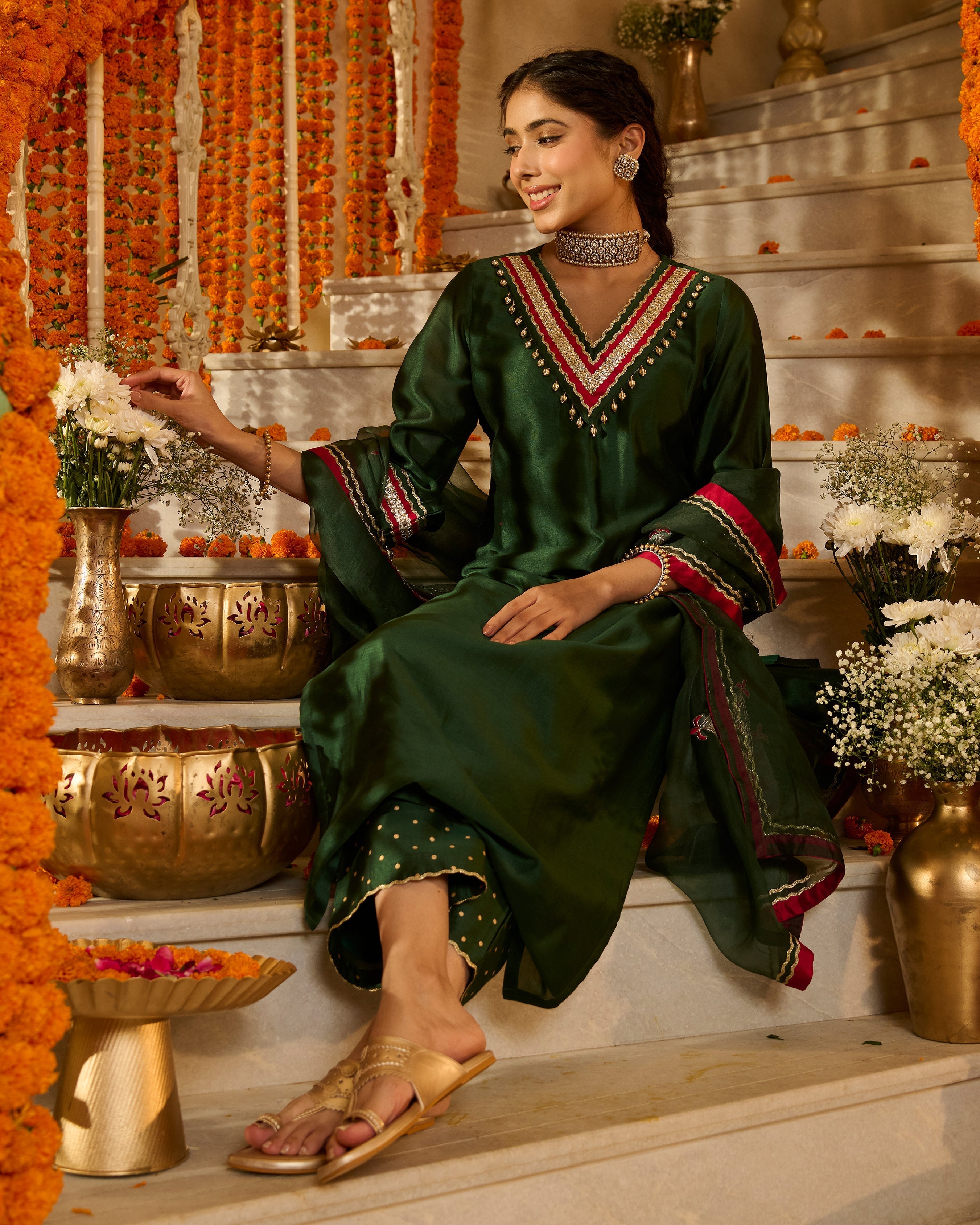 Divyana Green Solid Chanderi Suit Set