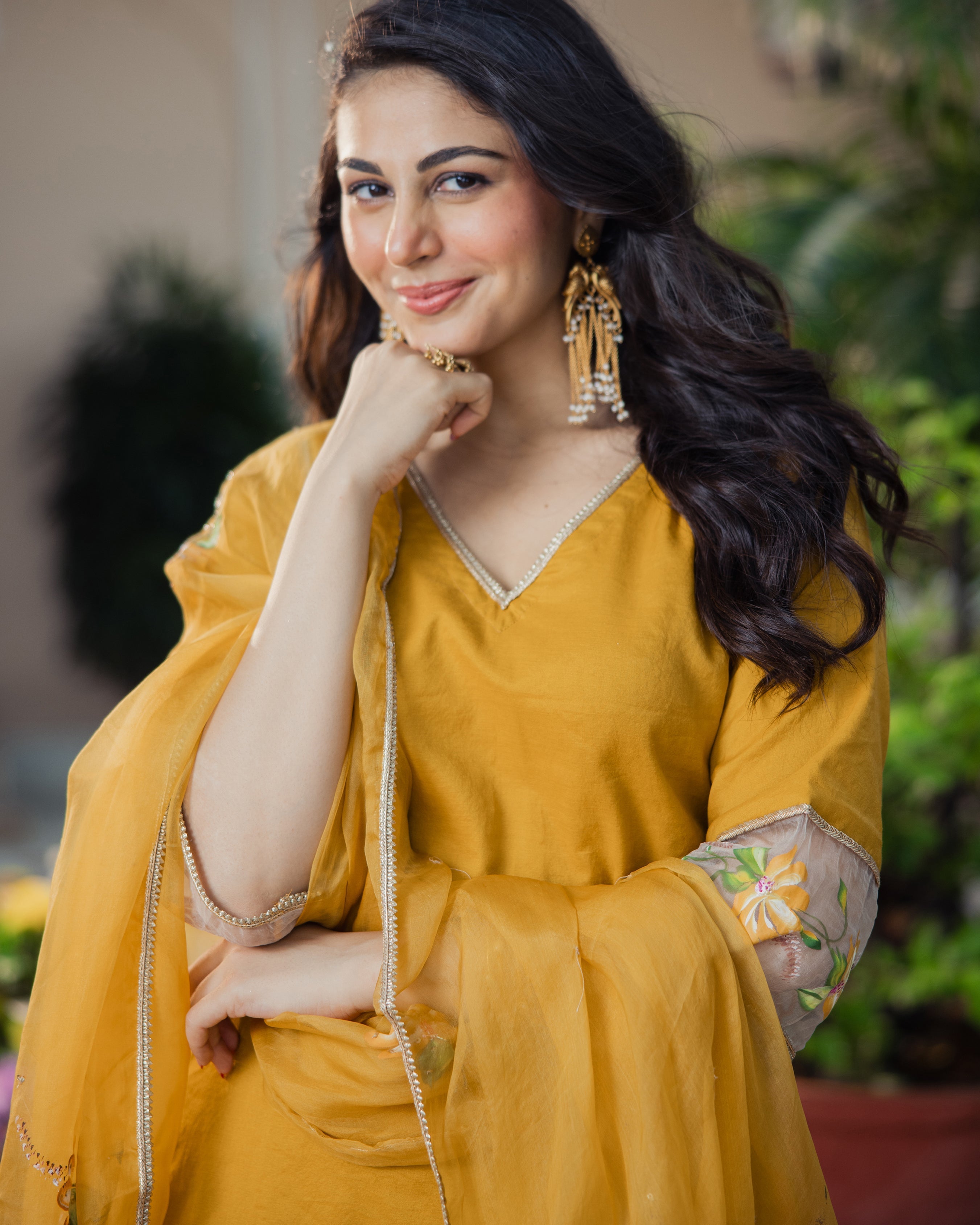 Kadamb Mustard Handpainted Chanderi Suit Set