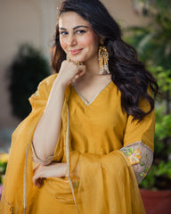 Kadamb Mustard Handpainted Chanderi Suit Set