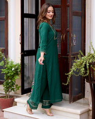 Tulsi Bottle Green Handpainted Chanderi Suit Set