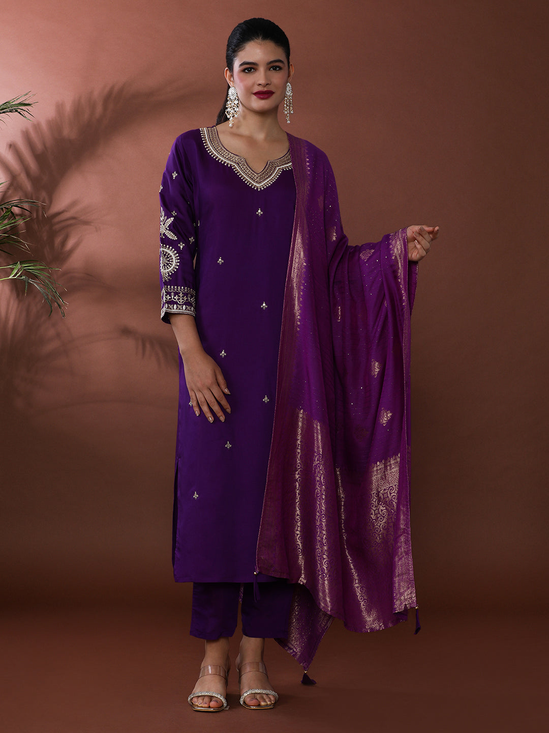 Solid Embroidered Chanderi Silk Kurta & Trousers Sets