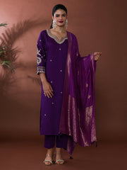 Solid Embroidered Chanderi Silk Kurta & Trousers Sets