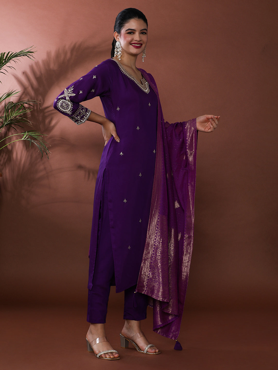 Solid Embroidered Chanderi Silk Kurta & Trousers Sets