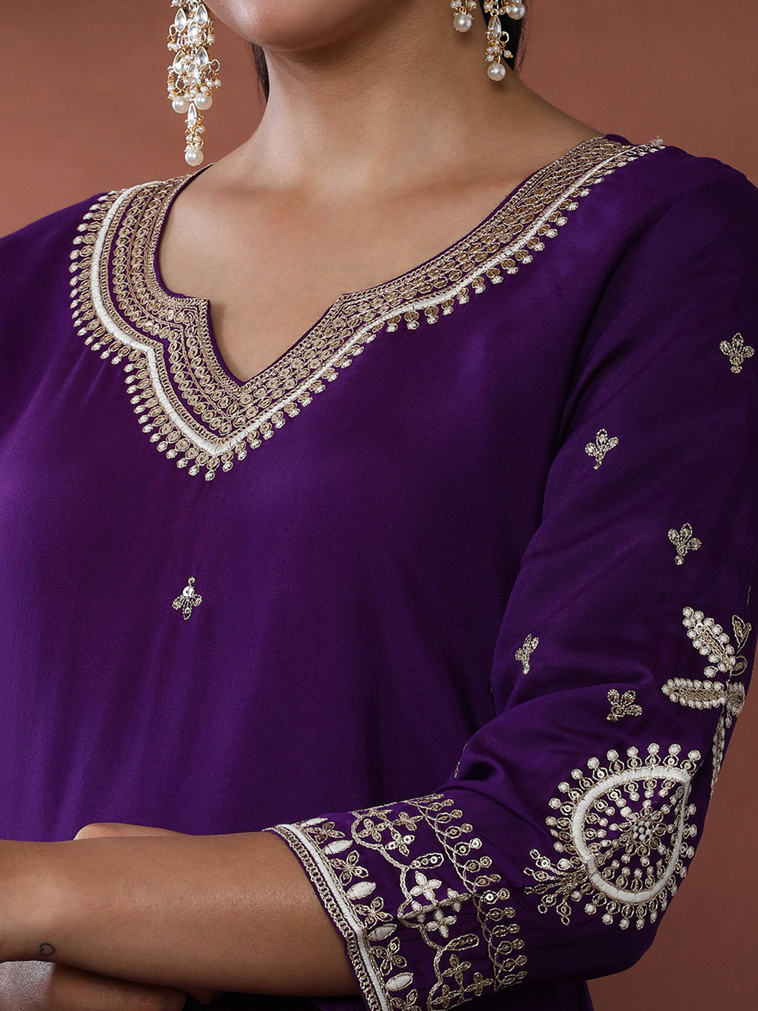 Solid Embroidered Chanderi Silk Kurta & Trousers Sets