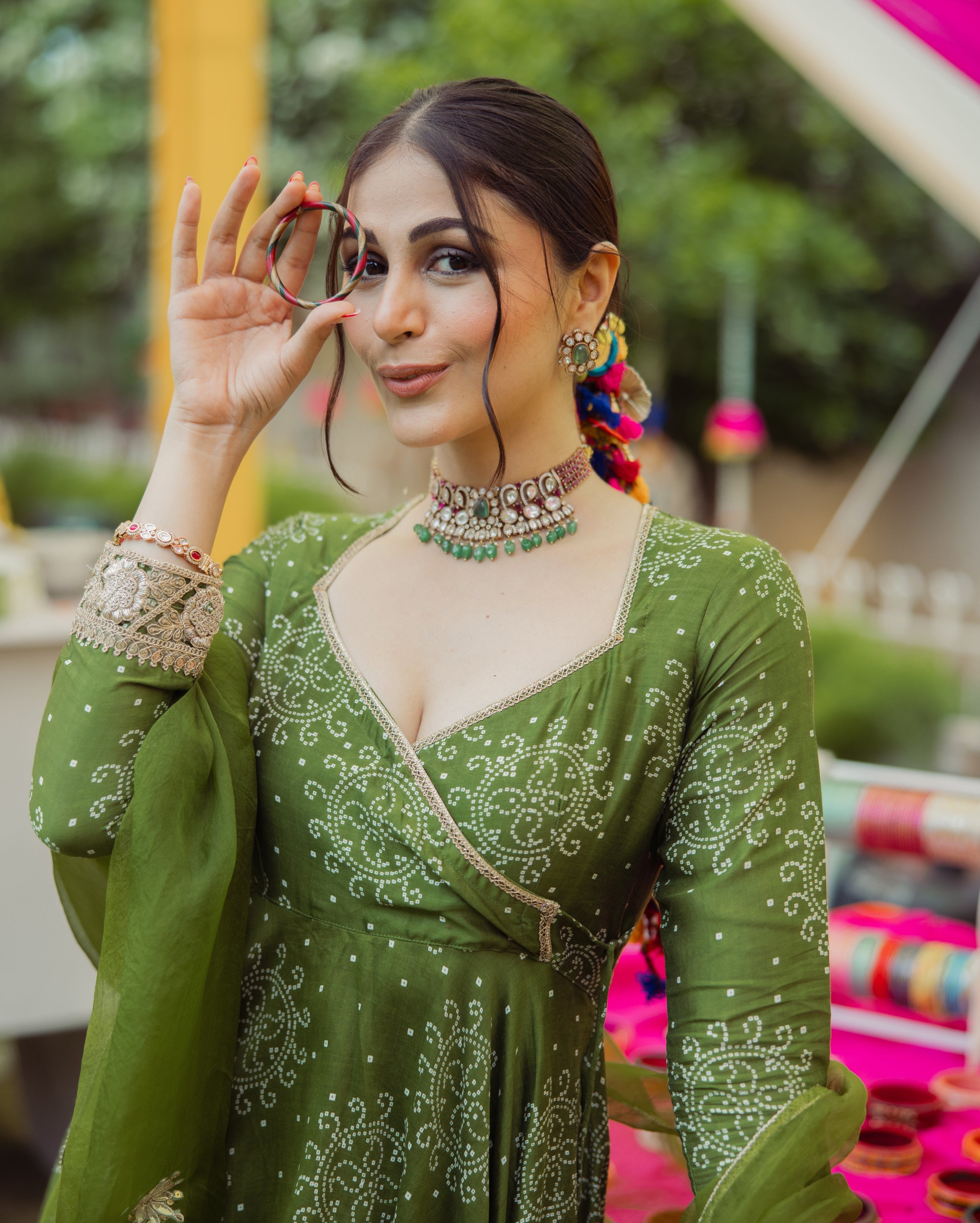 Katha Green Bandhani Chanderi Suit Set