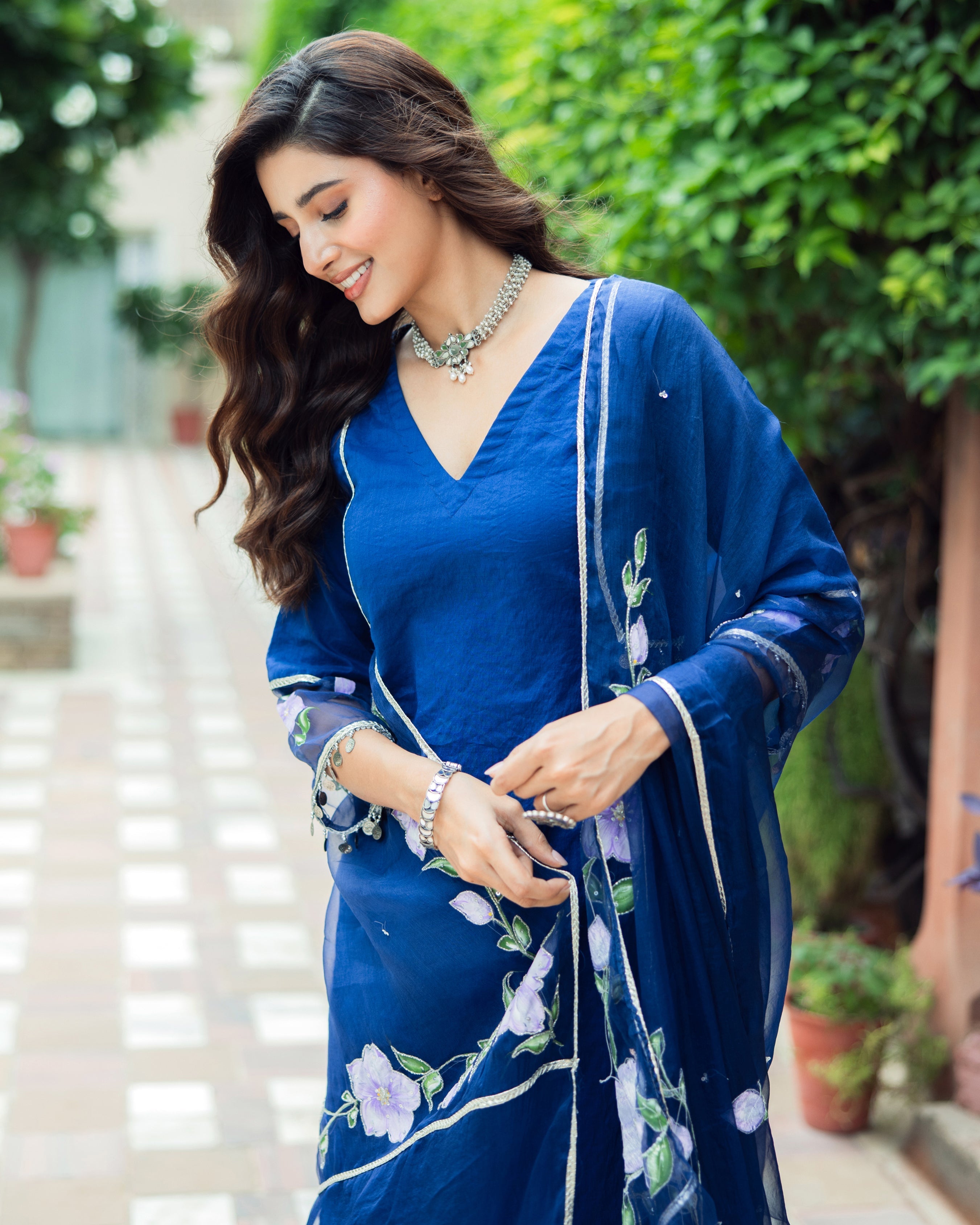 Molshree Blue Handpainted Chanderi Suit Set