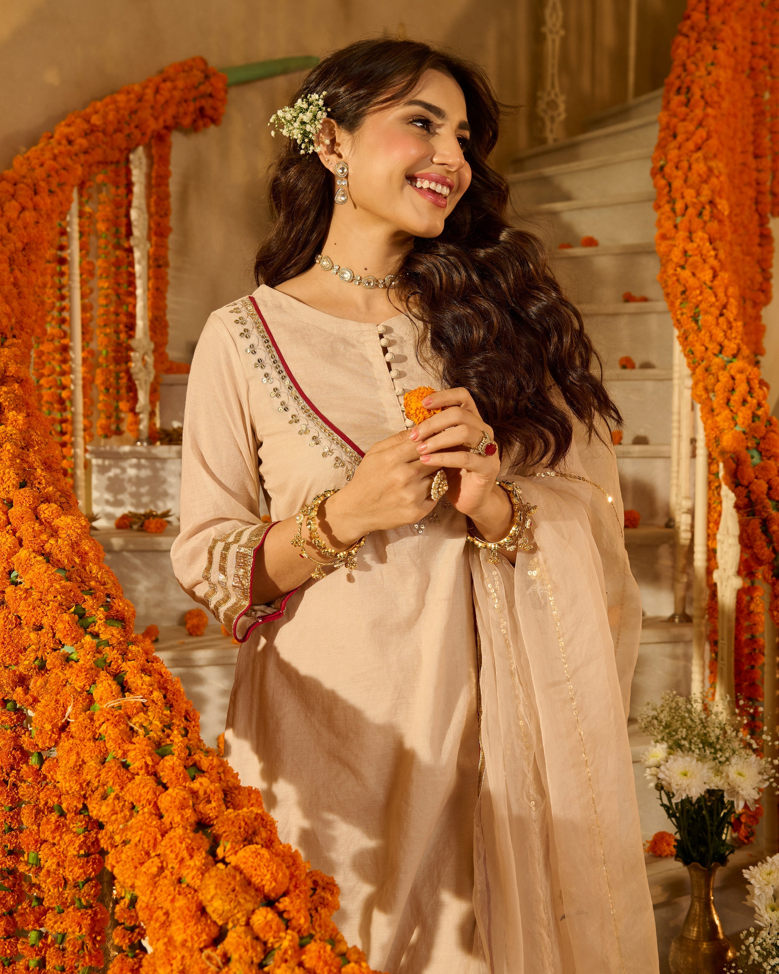 Aarush Beige Solid Chanderi Suit Set