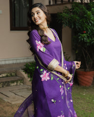 Kanchan Purple Handpainted Chanderi Suit Set
