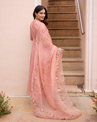 Kunda Peach Handpainted Chanderi Suit Set