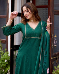 Tulsi Bottle Green Handpainted Chanderi Suit Set