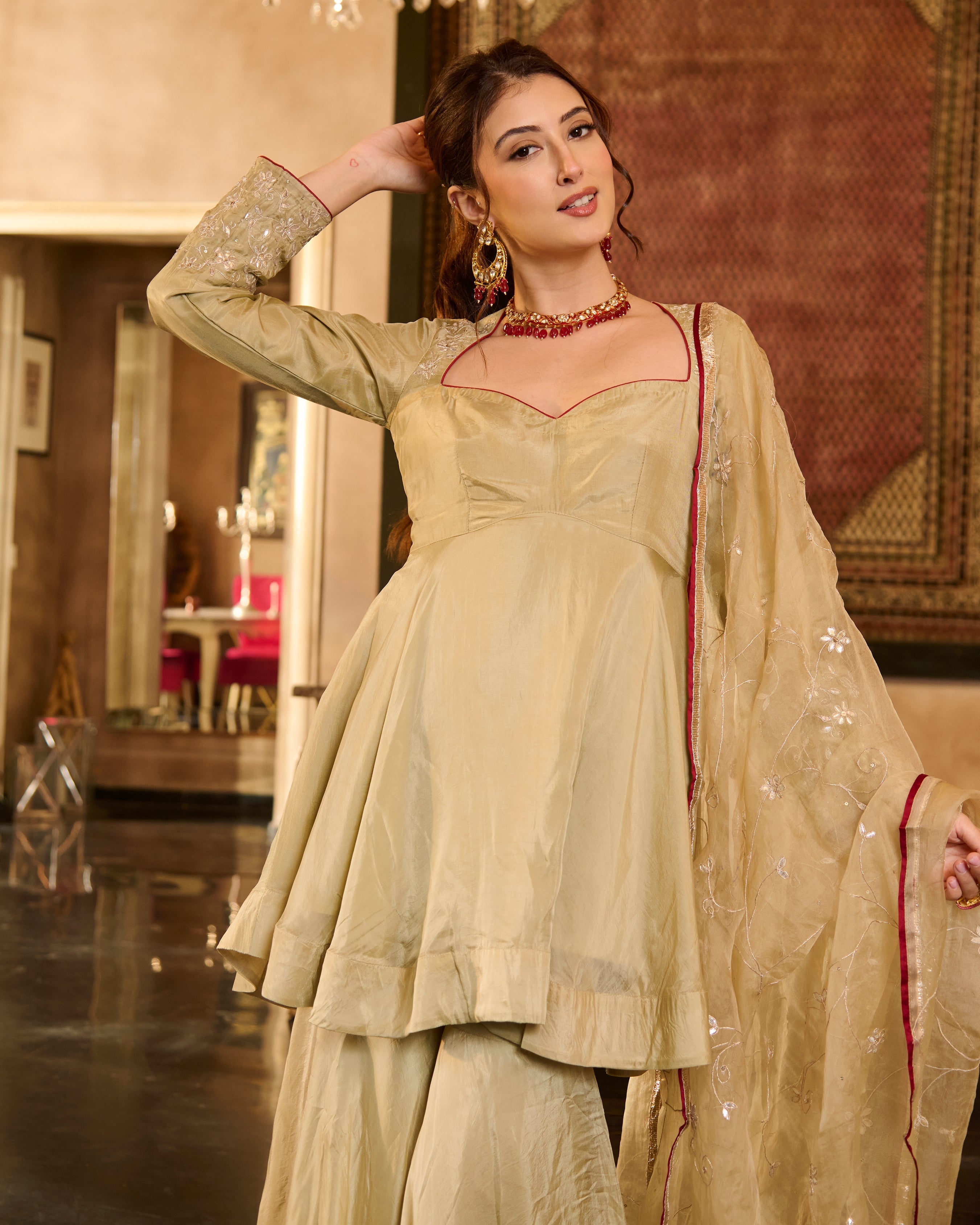 Tilki Olive Green Solid Silk Sharara Set
