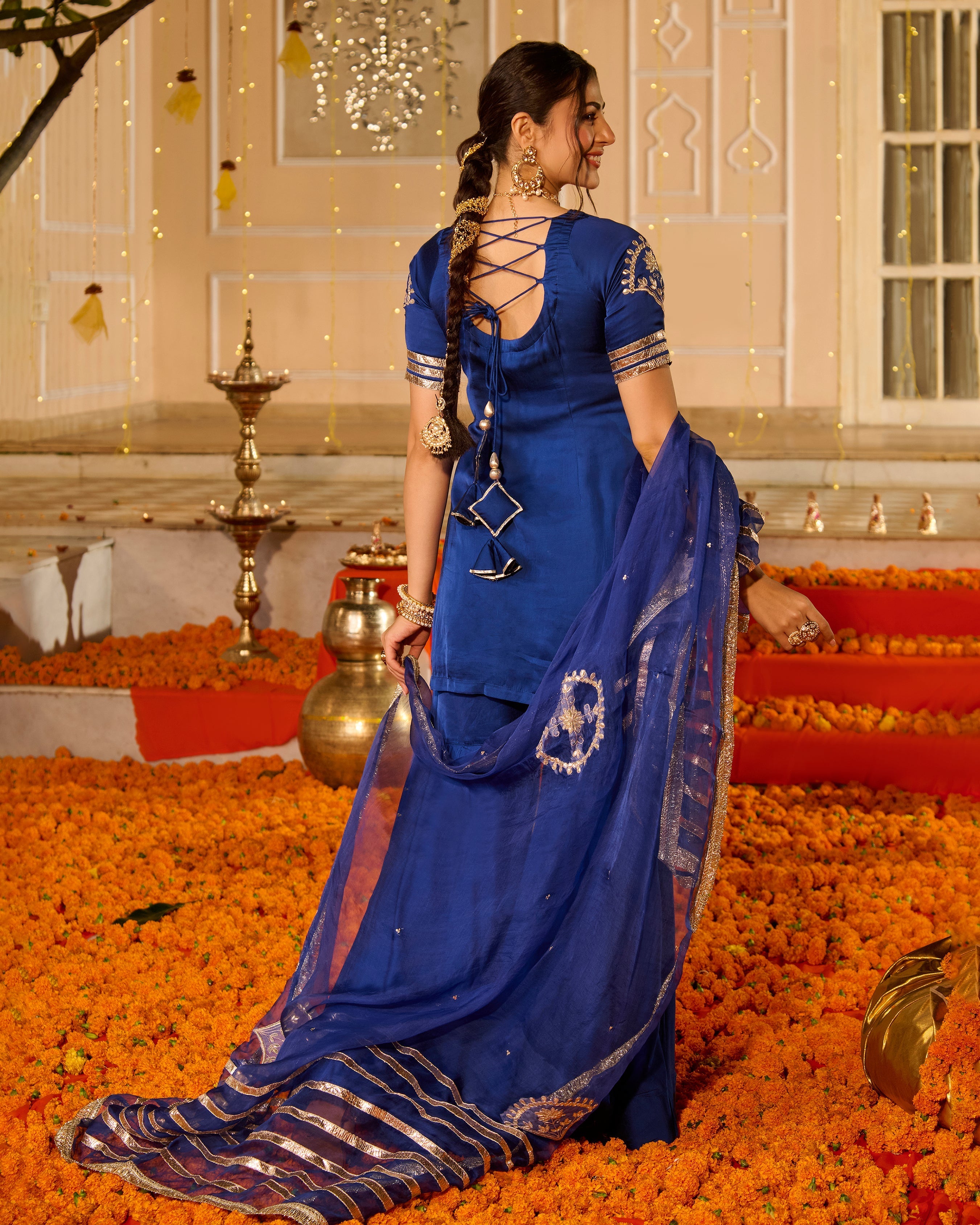 Keerti Blue Solid Satin Sharara Set