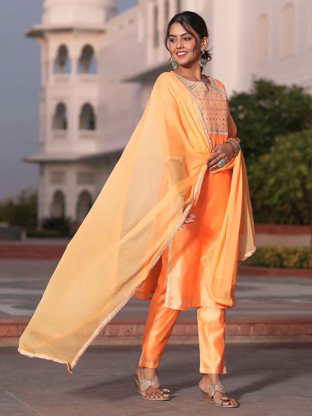 Orange Chanderi Embroidered Kurta With Trousers And Chiffon Dupatta