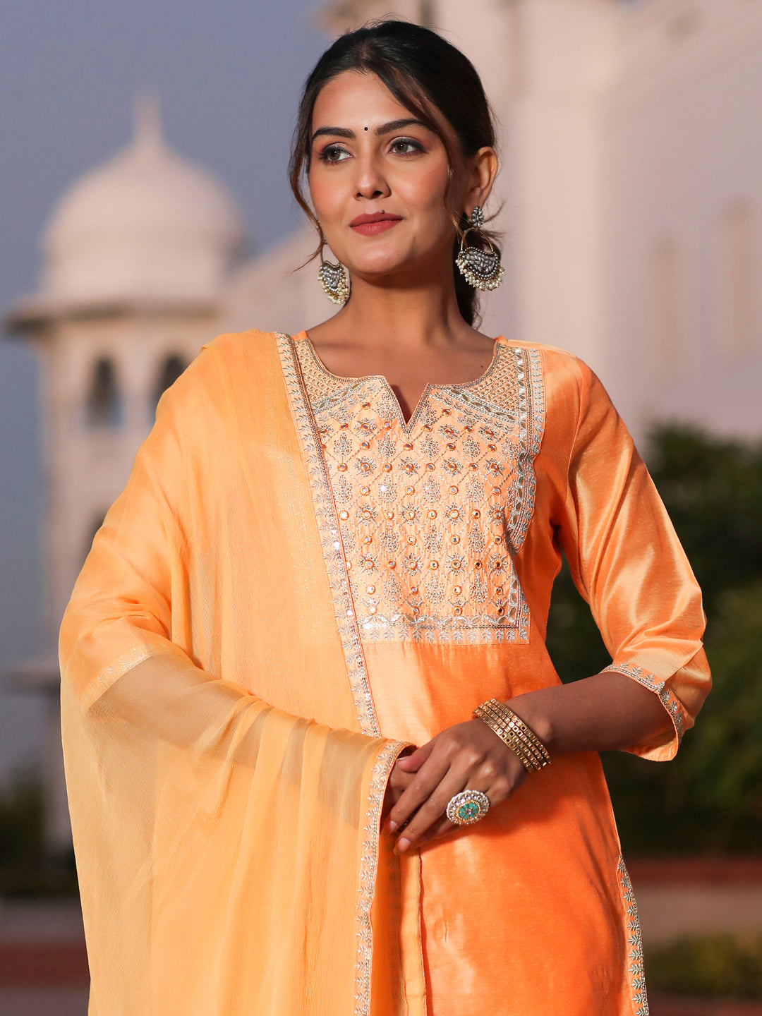 Orange Chanderi Embroidered Kurta With Trousers And Chiffon Dupatta