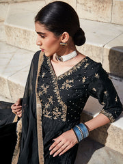 Black Silk Dobby Embroidered Anarkali Long Kurta With Silk Blend Trousers And Organza Embroidred Dupatta