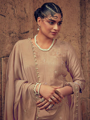 Powder Beige Color Straight Zardozi Embroided Kurta With Pants And Chinon Embroidered Dupatta