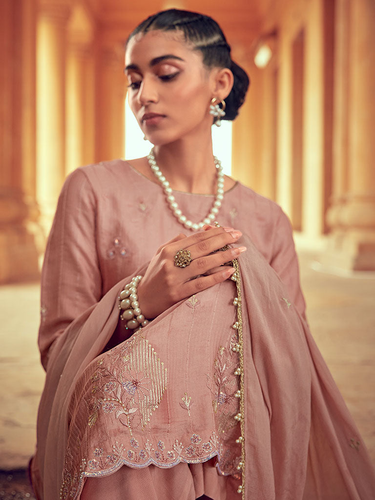 Mauve Color Straight Zardozi Embroided Kurta With Pants And Chinon Embroidered Dupatta