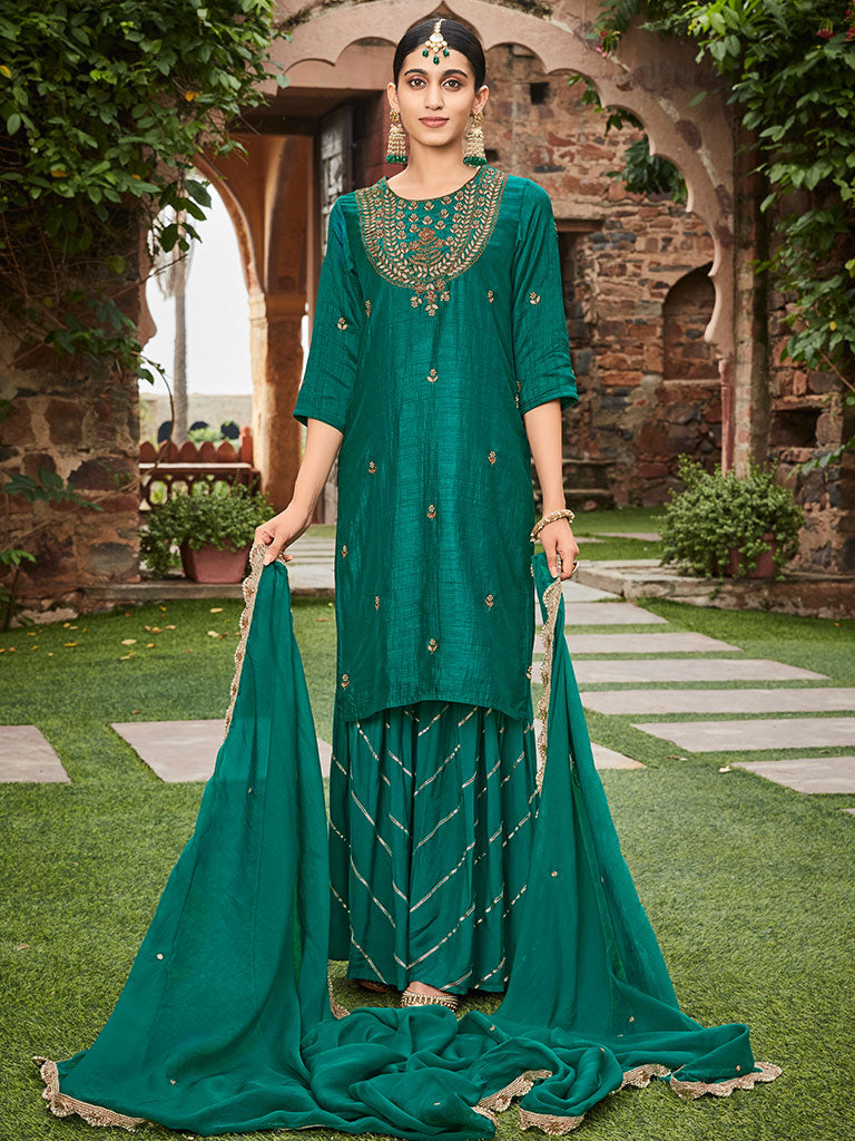 Green Straight Zardozi Work Kurta With Sharara And Organza Dupatta