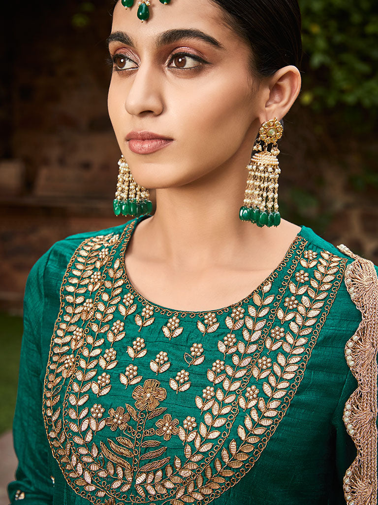 Green Straight Zardozi Work Kurta With Sharara And Organza Dupatta