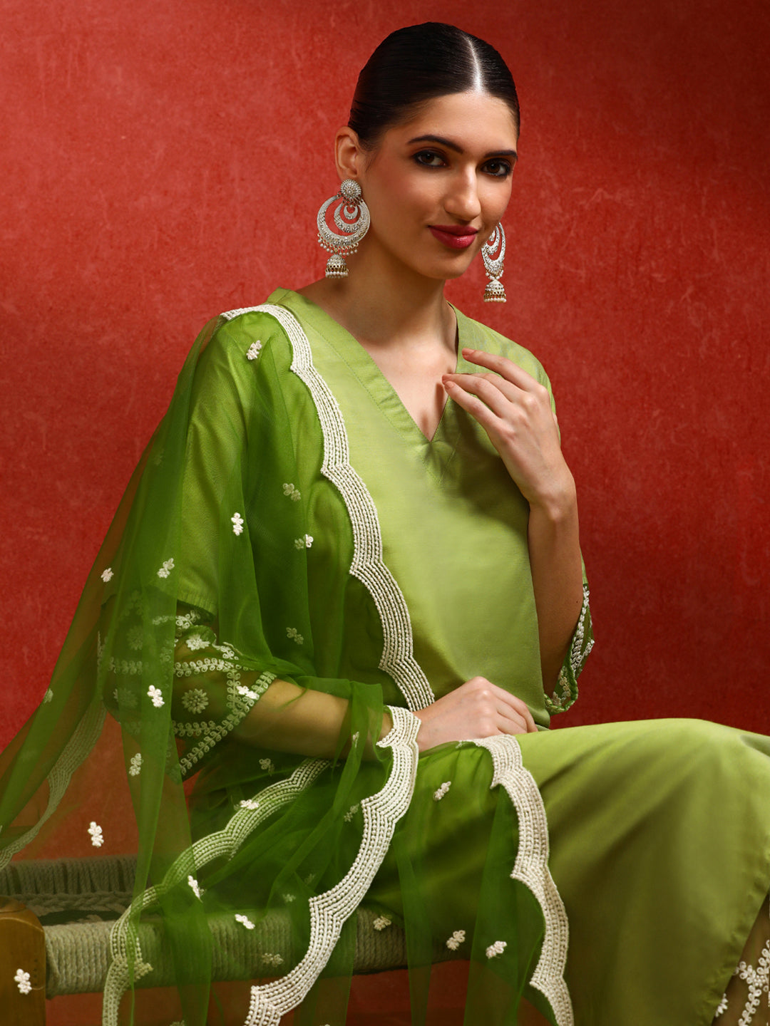 Solid Embroidered Straight Kurta & Trousers Sets