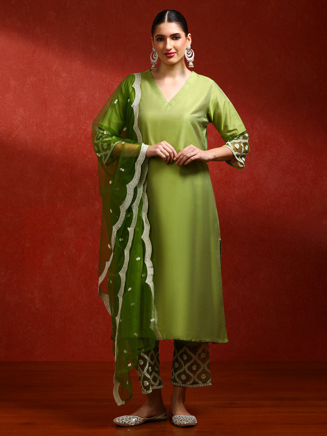 Solid Embroidered Straight Kurta & Trousers Sets