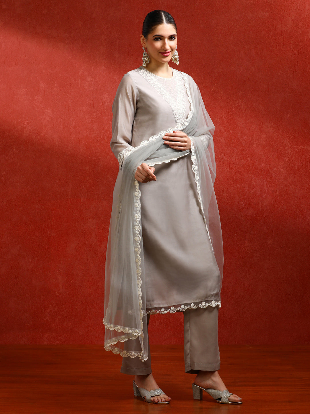 Floral Embroidered Straight Kurta & Trousers Sets