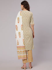 A Green Straight Ethnic Printed Gota Embellished Kurta With Printed Pants And Dupatta