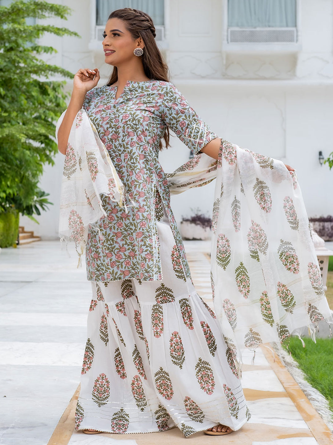 Light Blue Ethnic Print Cotton Short Kurta With Sharara & Dupatta