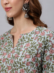 Light Blue Ethnic Print Cotton Short Kurta With Sharara & Dupatta