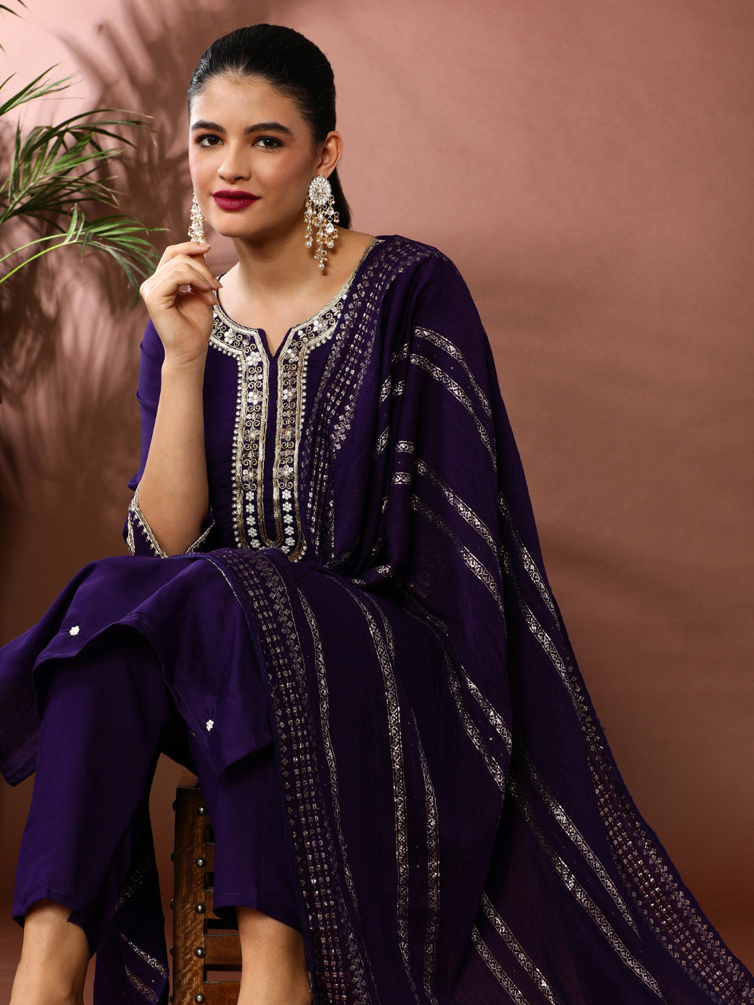 Floral Embroidered Chanderi Cotton Kurta & Trousers Sets