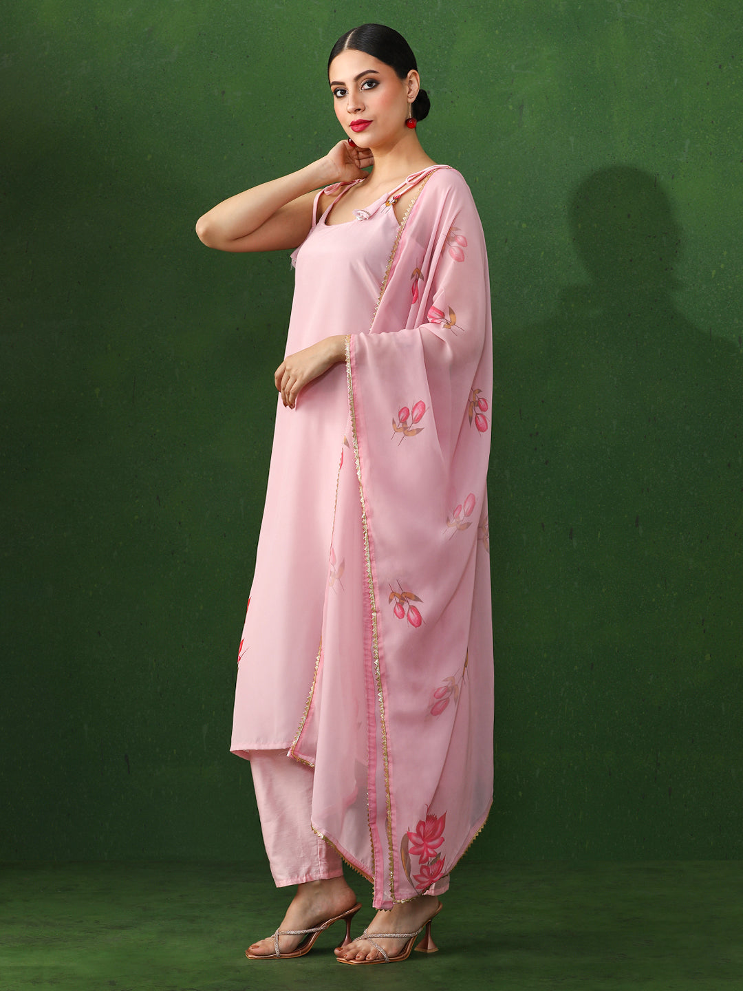 Floral Printed Straight Silk Crepe Kurta & Trousers Sets