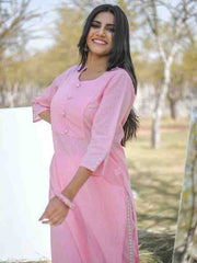 Pink & Grey Printed Straight Kurta With Printed Palazzo And Dupatta
