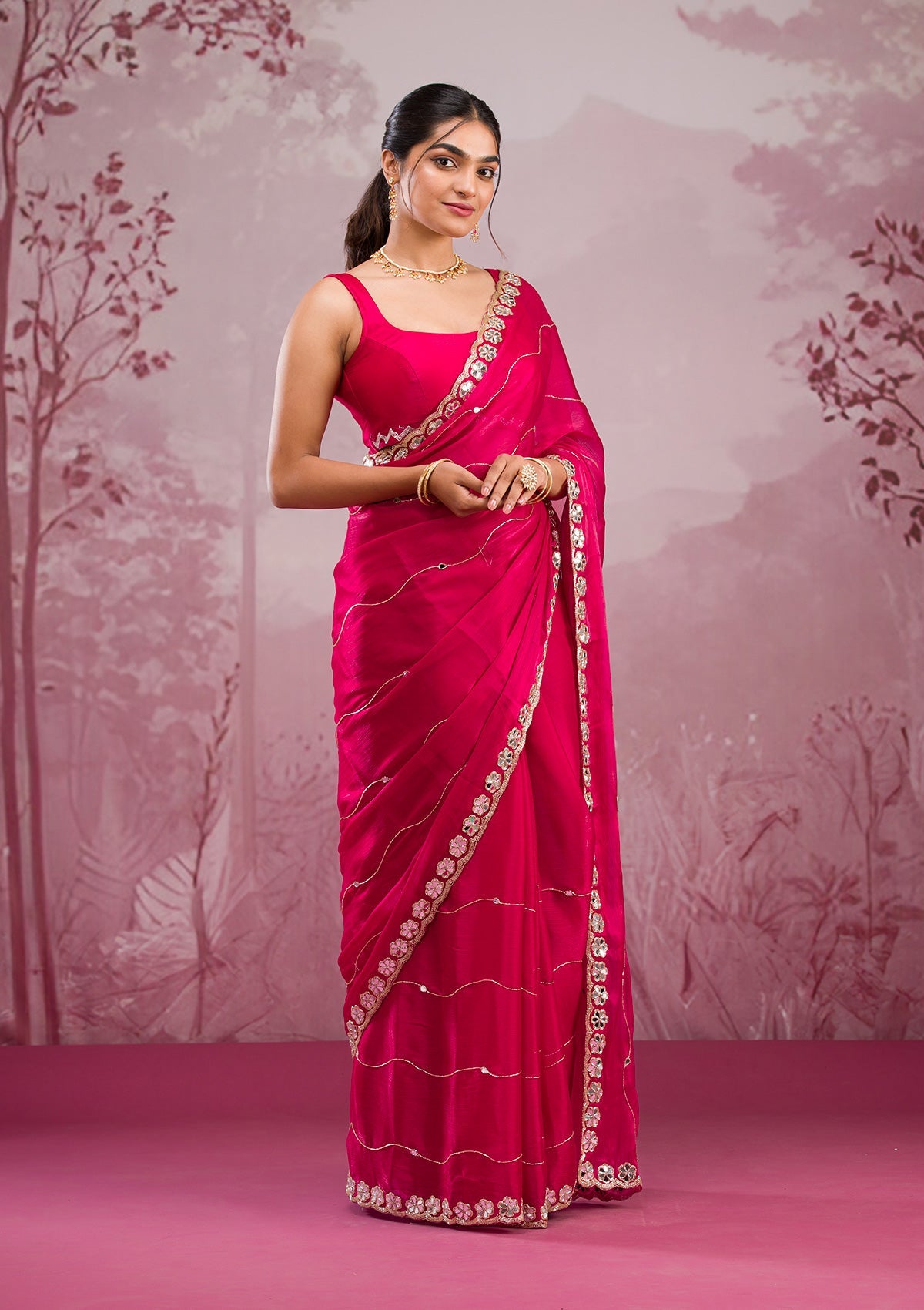 Rani Pink Mirrorwork Georgette Saree