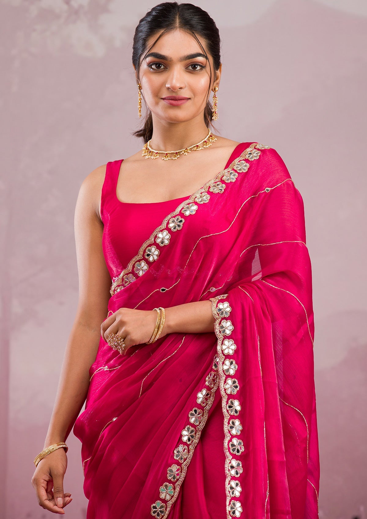 Rani Pink Mirrorwork Georgette Saree