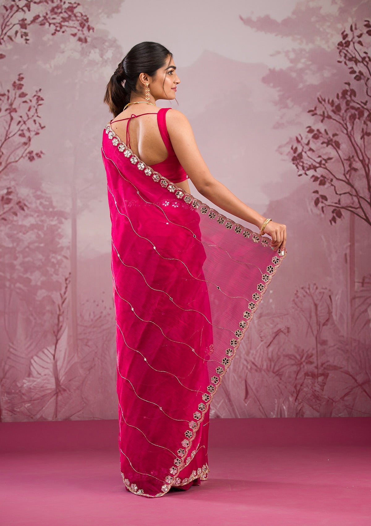Rani Pink Mirrorwork Georgette Saree