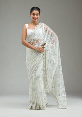 Off White Threadwork Net Saree