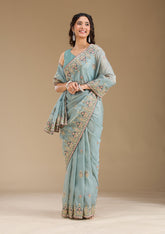 Grey Pearlwork Tissue Saree