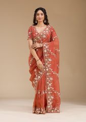 Rust Sequins Tissue Saree