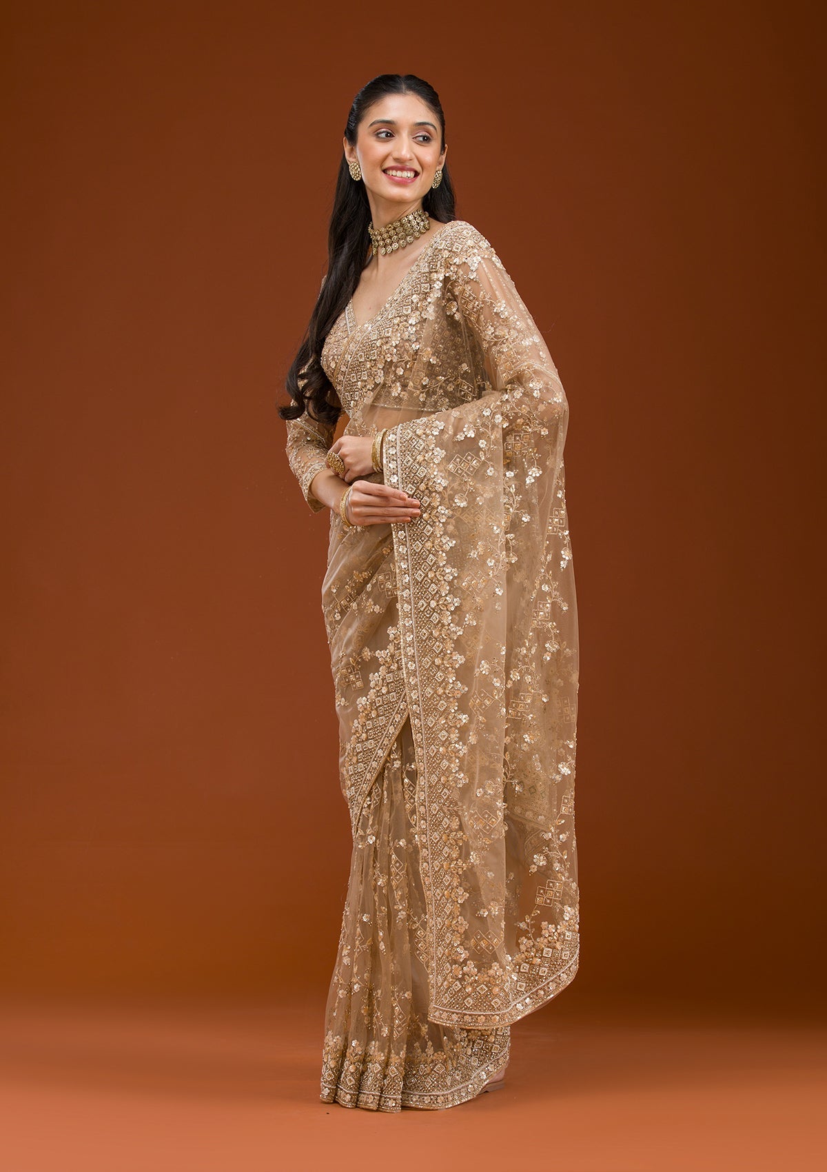 Beige Sequins Net Saree