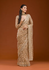Beige Sequins Net Saree