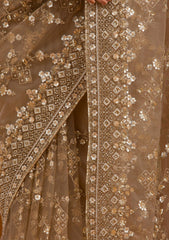 Beige Sequins Net Saree