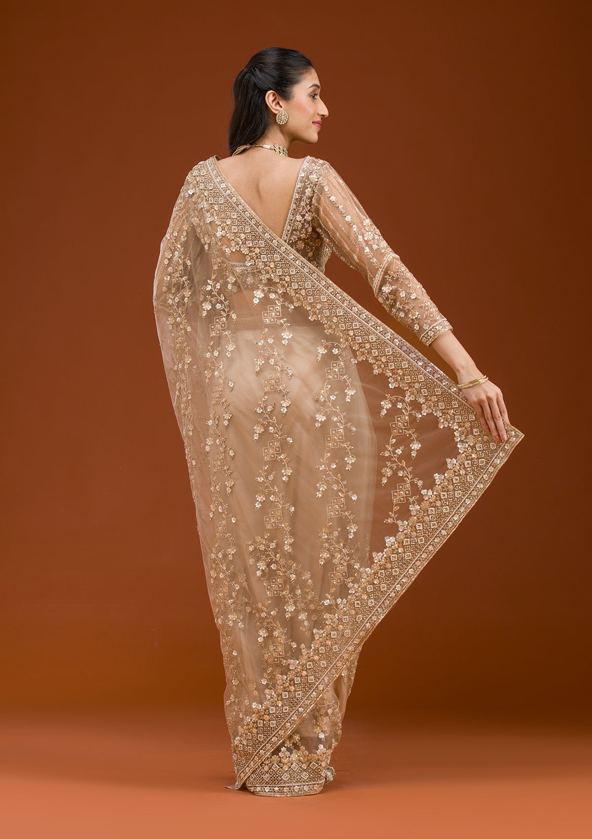 Beige Sequins Net Saree